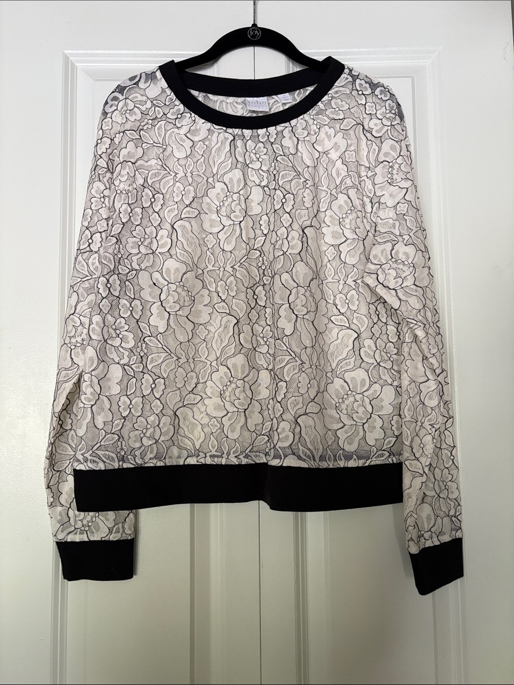New York & Company Floral Lace-Overlay Pullover with Black Trim